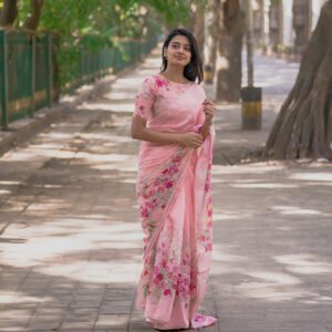 Exquisite Floral Printed Pink Sharee