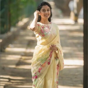 Exquisite Floral Printed Yellow Sharee