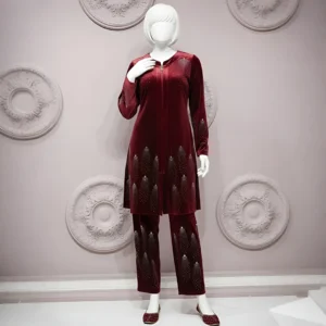 Maroon - Velvet Co-Ord Set with Stone Detailing