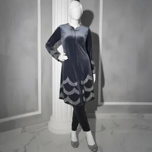 Grey - Velvet Co-Ord with Intricate Stone Work