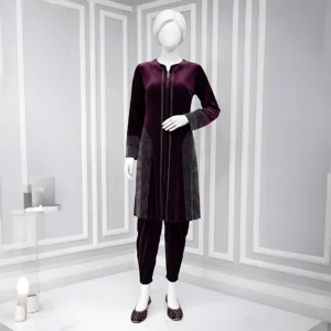 Wine - Attractive Stone Work Velvet Co-Ord Set