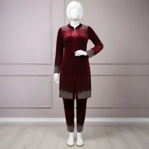 Premium Maroon Velvet Co-Ord with Stone Detailing